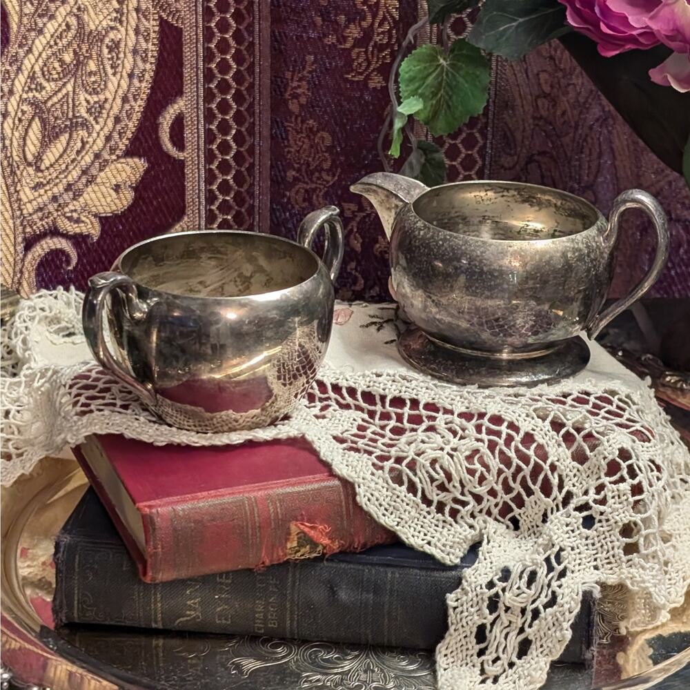 Vintage Academy Silver on Copper Creamer Pitcher & Sugar Bowl Set Heavy Patina